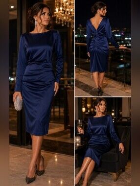 Laura Navy Blue Satin Midi Dress EUC Size 10 Wedding Guest Formal Prom Cocktail